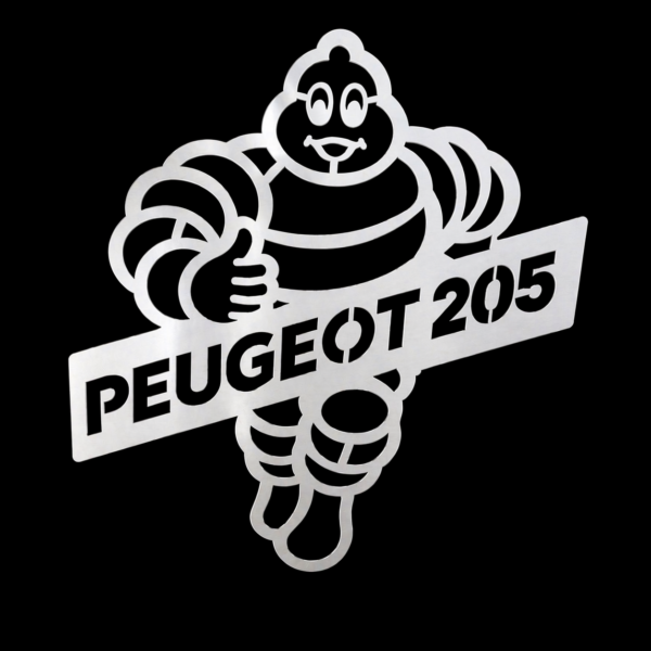 Décoration murale en acier découpé au laser – Michelin Man Peugeot 205 – 300 x 300 mm