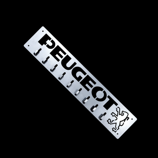 Porte-clés / support à outils Peugeot années 80 – 520 x 110 mm – Acier S235 découpé au laser 1,5 mm