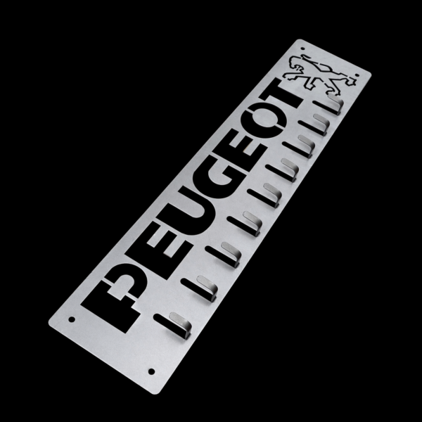 Porte-clés / support à outils Peugeot années 80 – 520 x 110 mm – Acier S235 découpé au laser 1,5 mm
