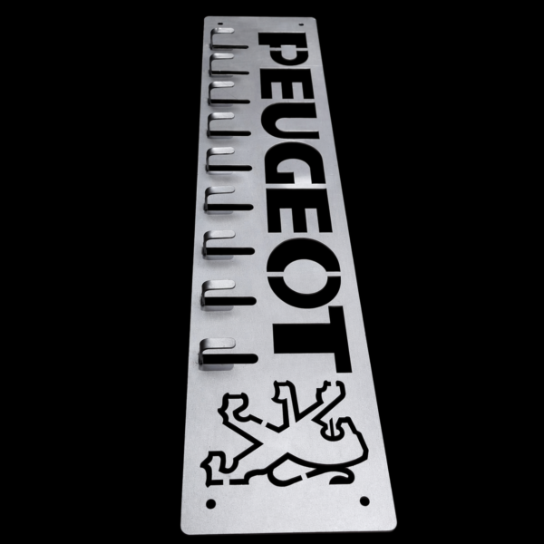 Porte-clés / support à outils Peugeot années 80 – 520 x 110 mm – Acier S235 découpé au laser 1,5 mm