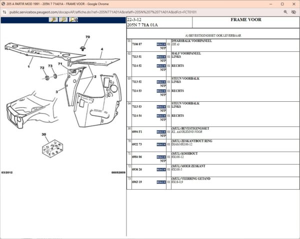 koplamp tek Ensemble complet de panneau de phare gauche Peugeot 205 – OEM 7113.51 / 7113.52 / 7113.53 – Acier 1 mm